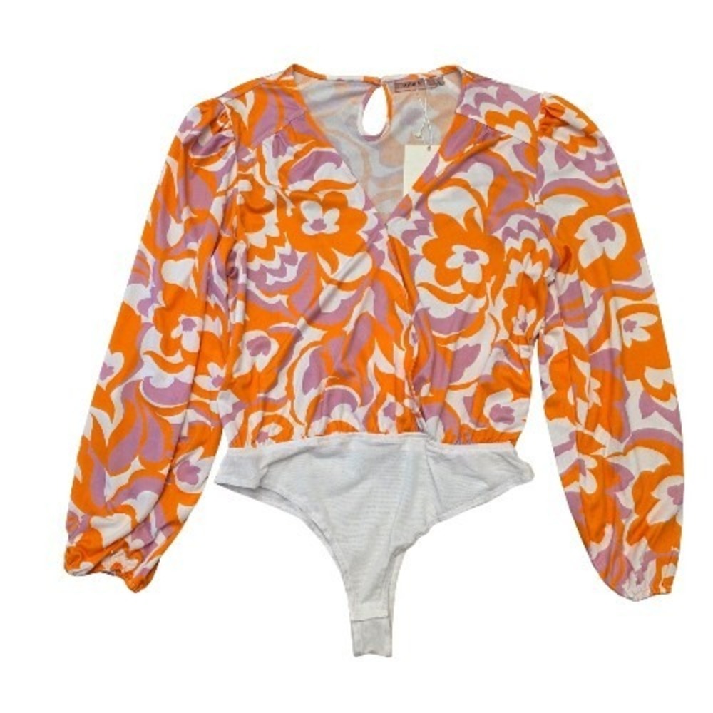 NWT L Skylar Rose Floral Bodysuit  Dance Y2K Yoga Long Sleeves Orange Retro‎ 70s
